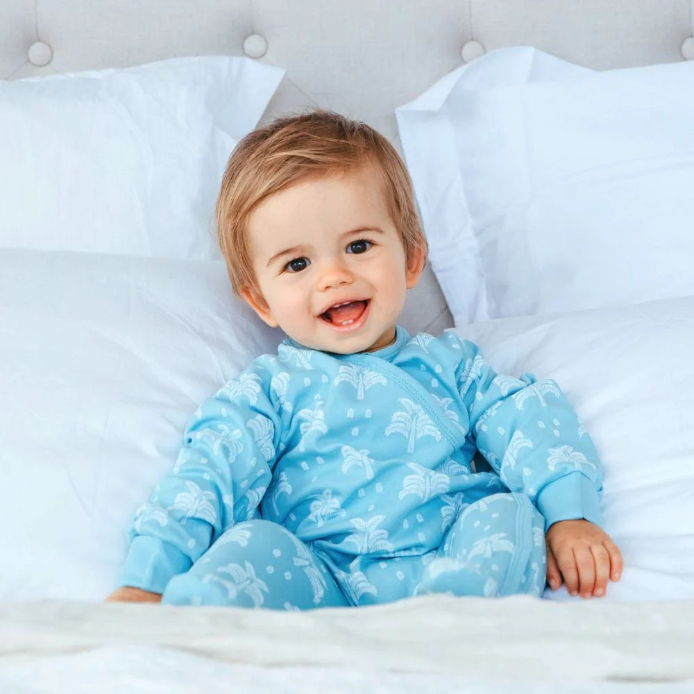 Organic Cotton Crossover Baby Sleepsuit with Feet - Aquatic Blue Palms and Pineapples