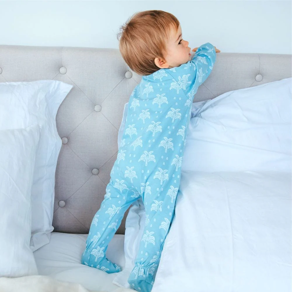 Organic Cotton Crossover Baby Sleepsuit with Feet - Aquatic Blue Palms and Pineapples - Image 2