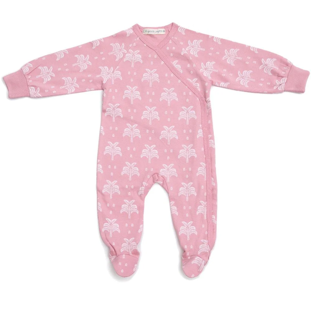 Organic Cotton Crossover Baby Sleepsuit with Feet - Blush Pink Palms and Pineapples