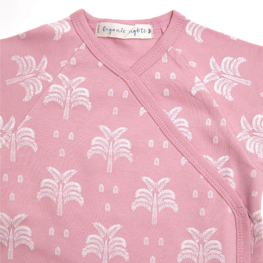 Organic Cotton Crossover Baby Sleepsuit with Feet - Blush Pink Palms and Pineapples - Image 2