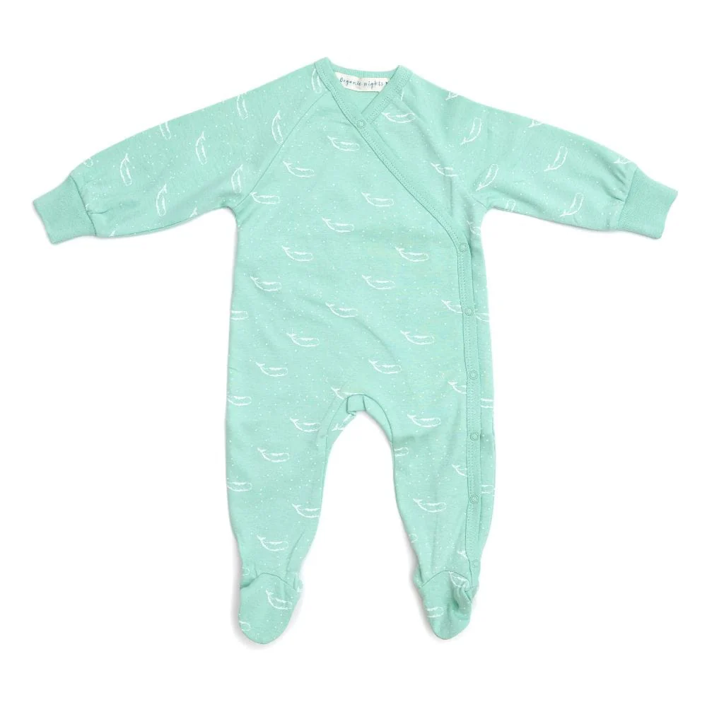 Organic Cotton Crossover Baby Sleepsuit with Feet - Sage Green Tiny Whales - Image 2