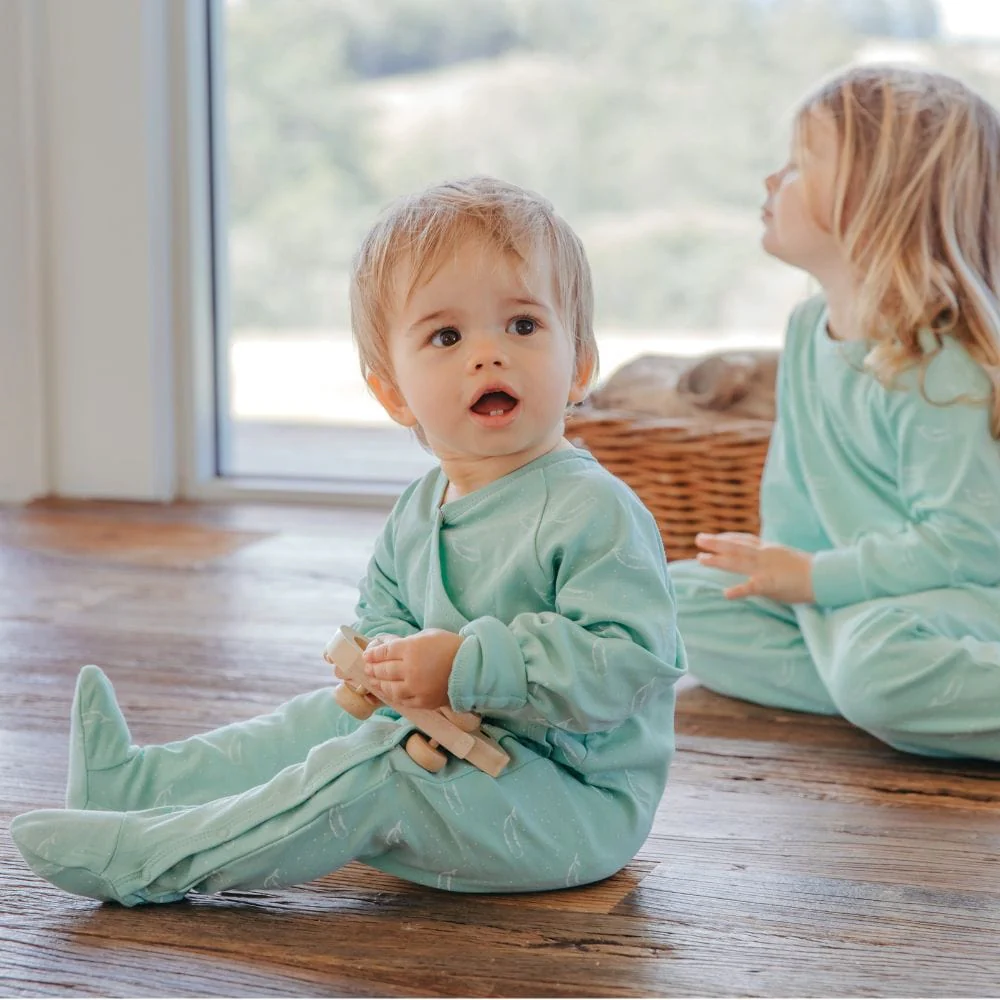 Organic Cotton Crossover Baby Sleepsuit with Feet - Sage Green Tiny Whales - Image 3