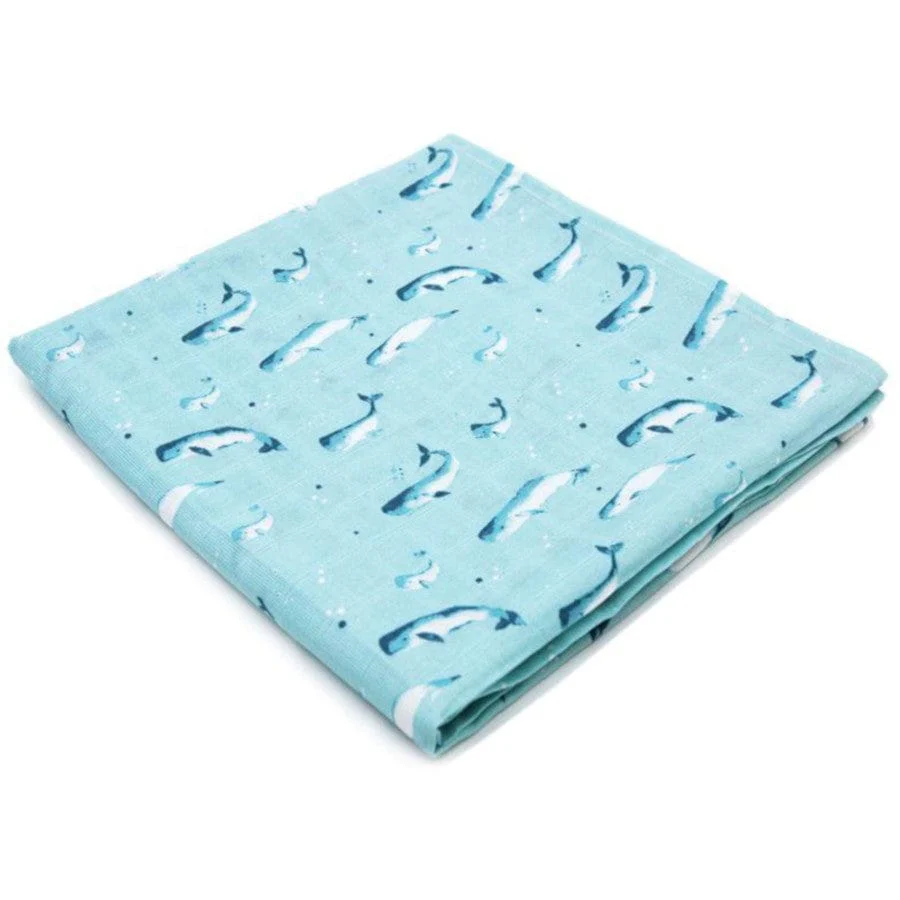 Organic Cotton Muslin Swaddle - Watercolour Whales Aquatic Blue - Image 3