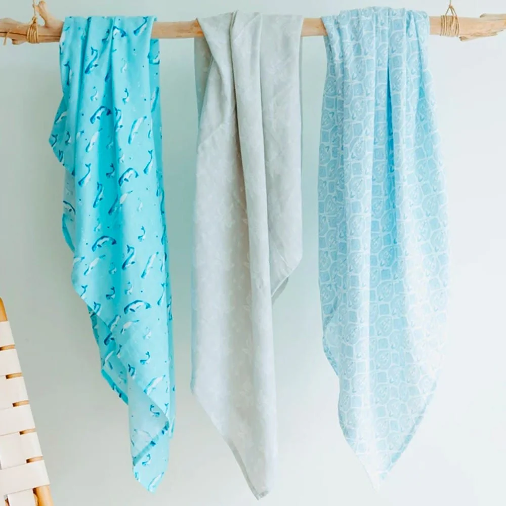Organic Cotton Muslin Swaddle - Watercolour Whales Aquatic Blue - Image 4