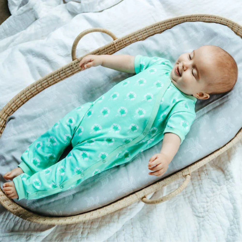 Organic Cotton Summer Short Sleeve Crossover Sleepsuit - Dandelions in Mint - Image 3