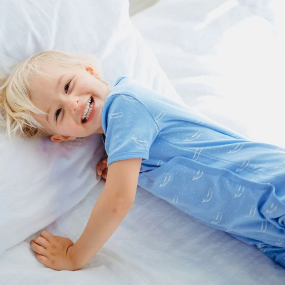 Organic Cotton Summer Short Sleeve Crossover Sleepsuit - Tiny Whales in Hydrangea Blue - Image 4