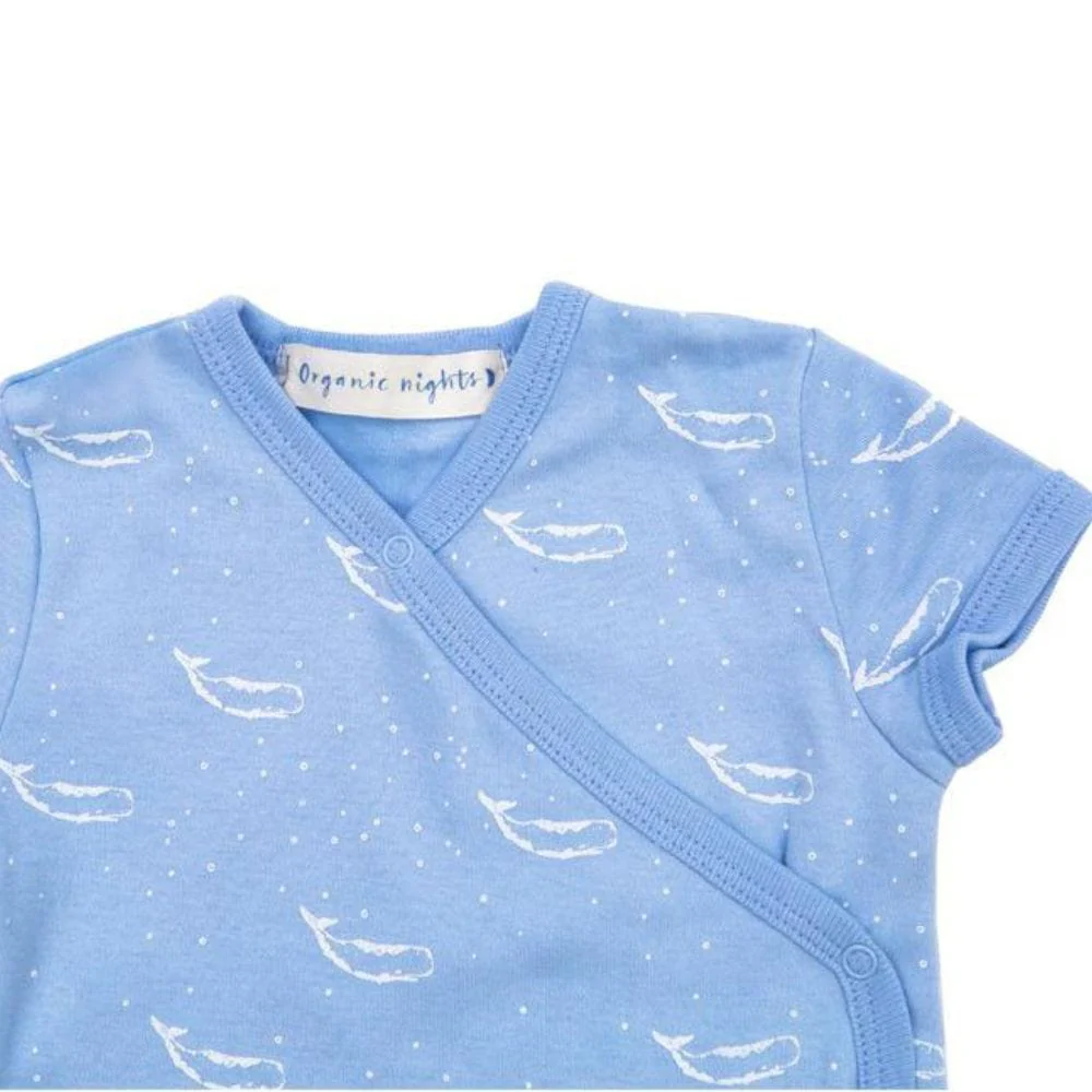 Organic Cotton Summer Short Sleeve Crossover Sleepsuit - Tiny Whales in Hydrangea Blue - Image 6