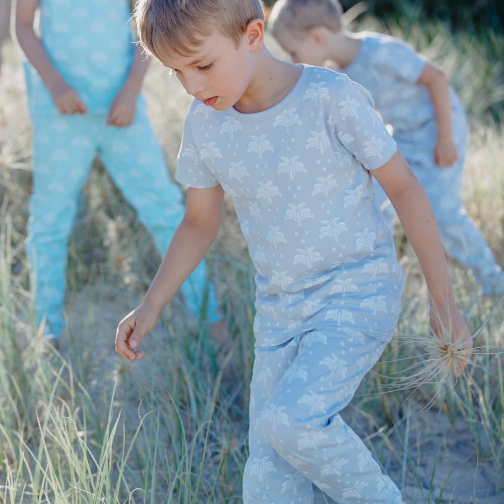 Organic Cotton T-Shirt and Long Leg Pyjama Set - Palms & Pineapples in Grey