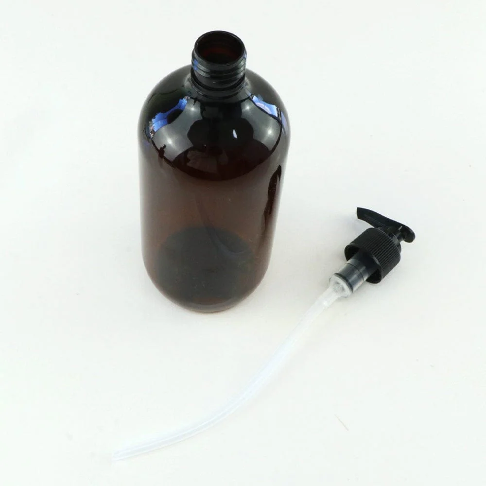 Amber PET Plastic Bottle with Black Lotion Pump - 500ml - Image 2