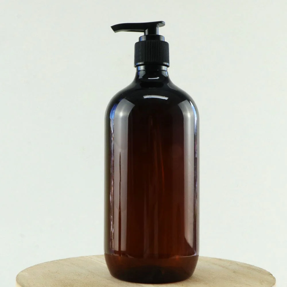 Amber PET Plastic Bottle with Black Lotion Pump - 500ml - Image 3
