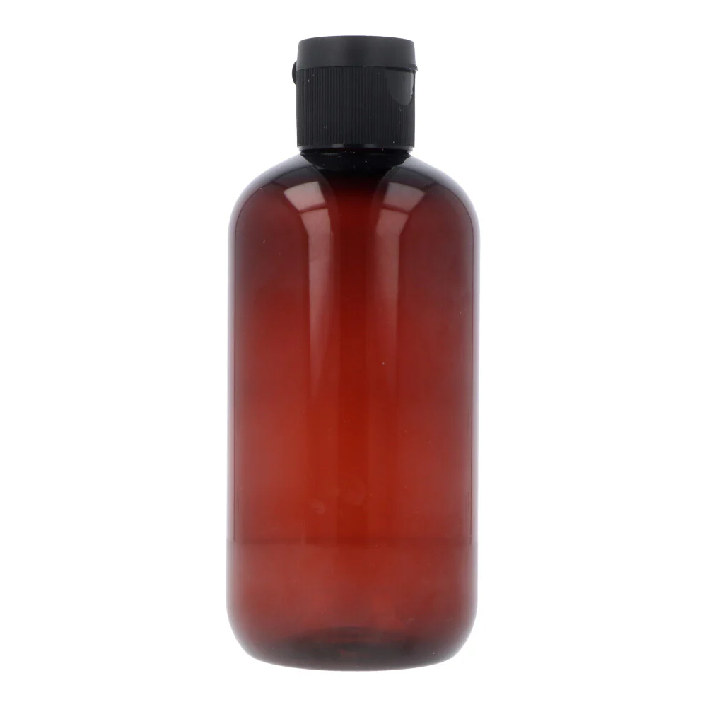 Amber Short PET Plastic Bottle with Black Flip Top Cap - 250ml