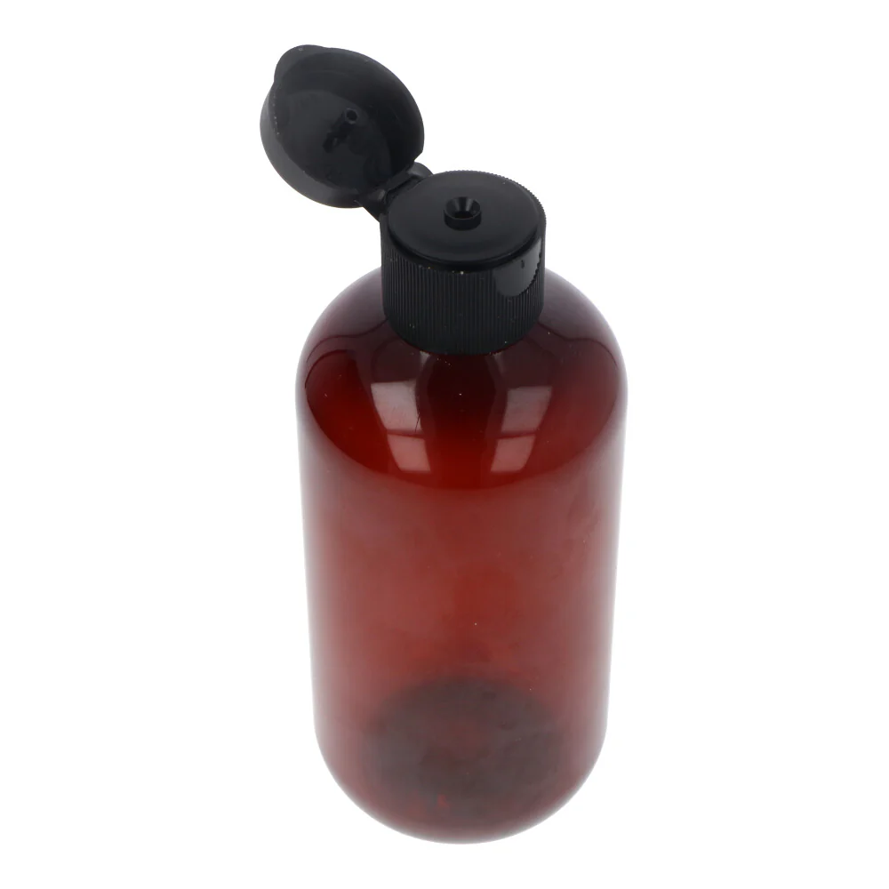 Amber Short PET Plastic Bottle with Black Flip Top Cap - 250ml - Image 2