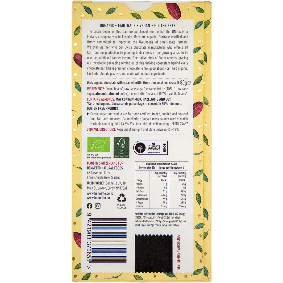 Bennetto Organic Choc Dark Chocolate 80g- Dark Crunchy Caramel - Image 3
