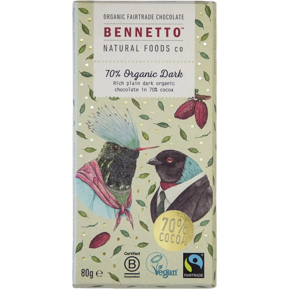 Bennetto Organic Choc Dark Chocolate 80g - 70%