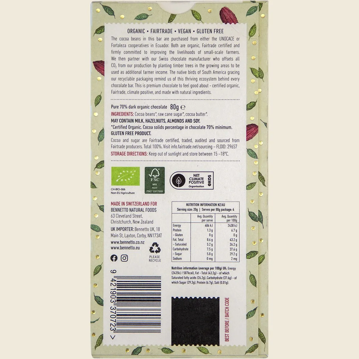 Bennetto Organic Choc Dark Chocolate 80g - 70% - Image 4