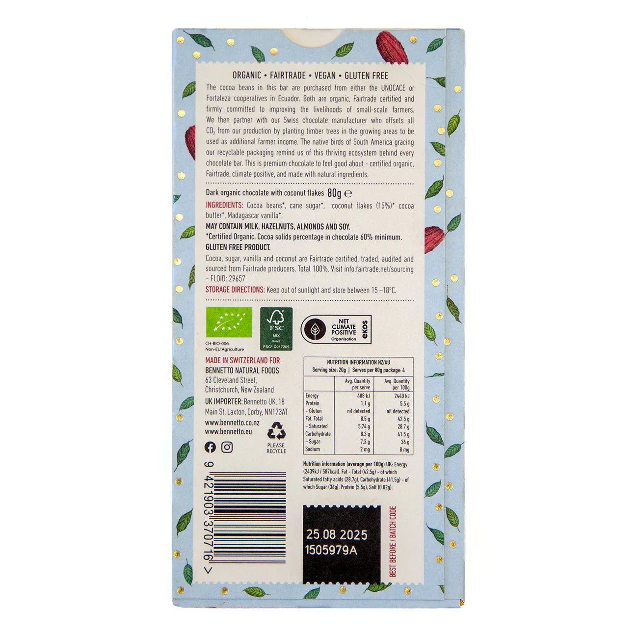 Bennetto Organic Choc Dark Chocolate 80g - Coconut Flakes - Image 5