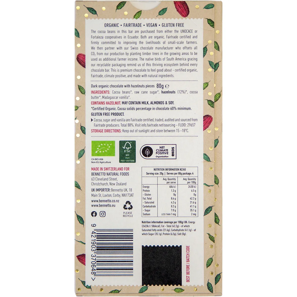 Bennetto Organic Chocolate 80g - Toasted Hazelnut - Image 3