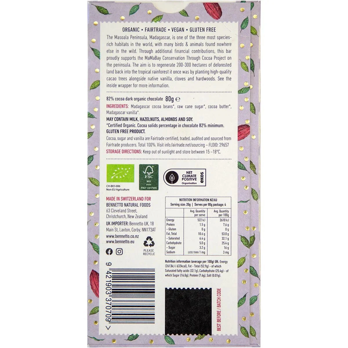 Bennetto Organic Dark Chocolate 80g - Super Dark - Image 3