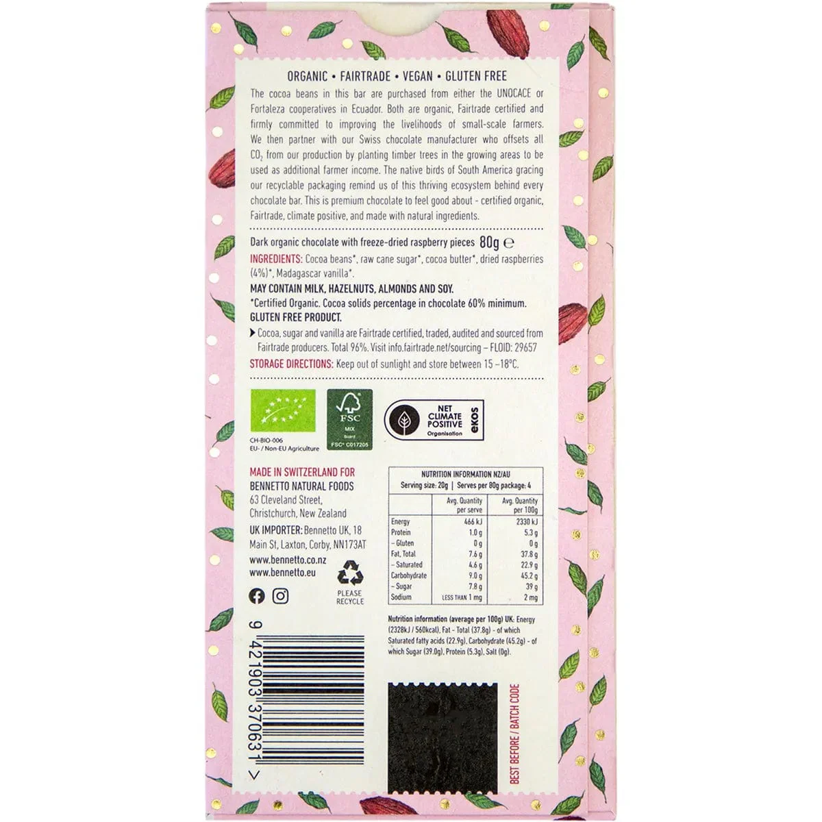 Bennetto Organic Dark Chocolate 80g - Raspberries - Image 3