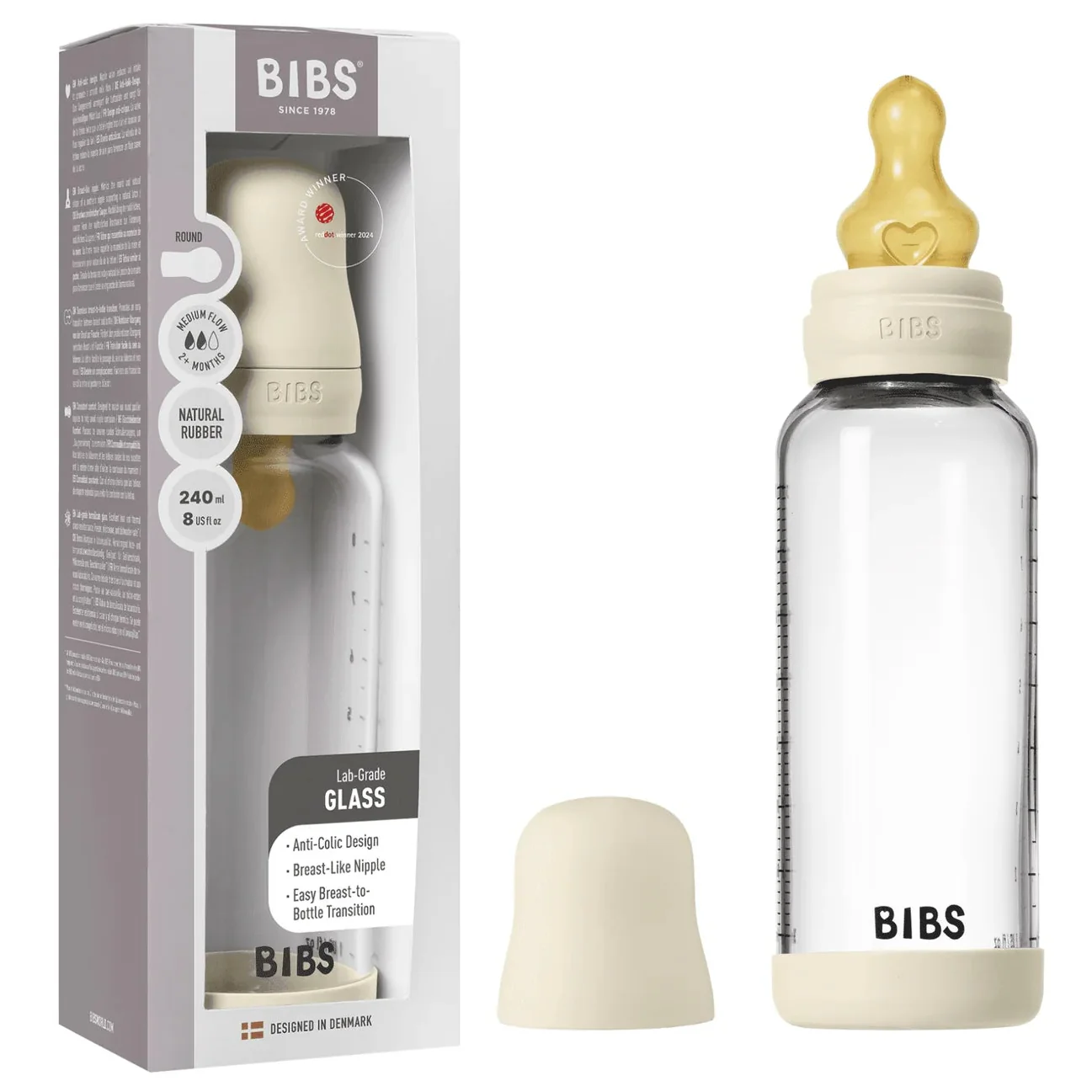 Bibs Glass Baby Bottle Complete Set 240ml - Latex - Image 2