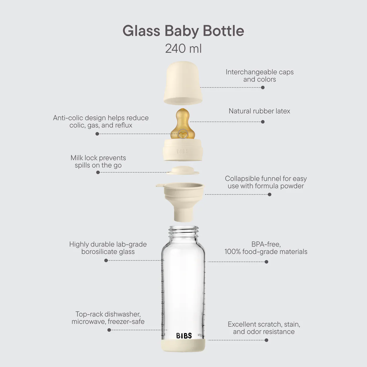 Bibs Glass Baby Bottle Complete Set 240ml - Latex - Image 3