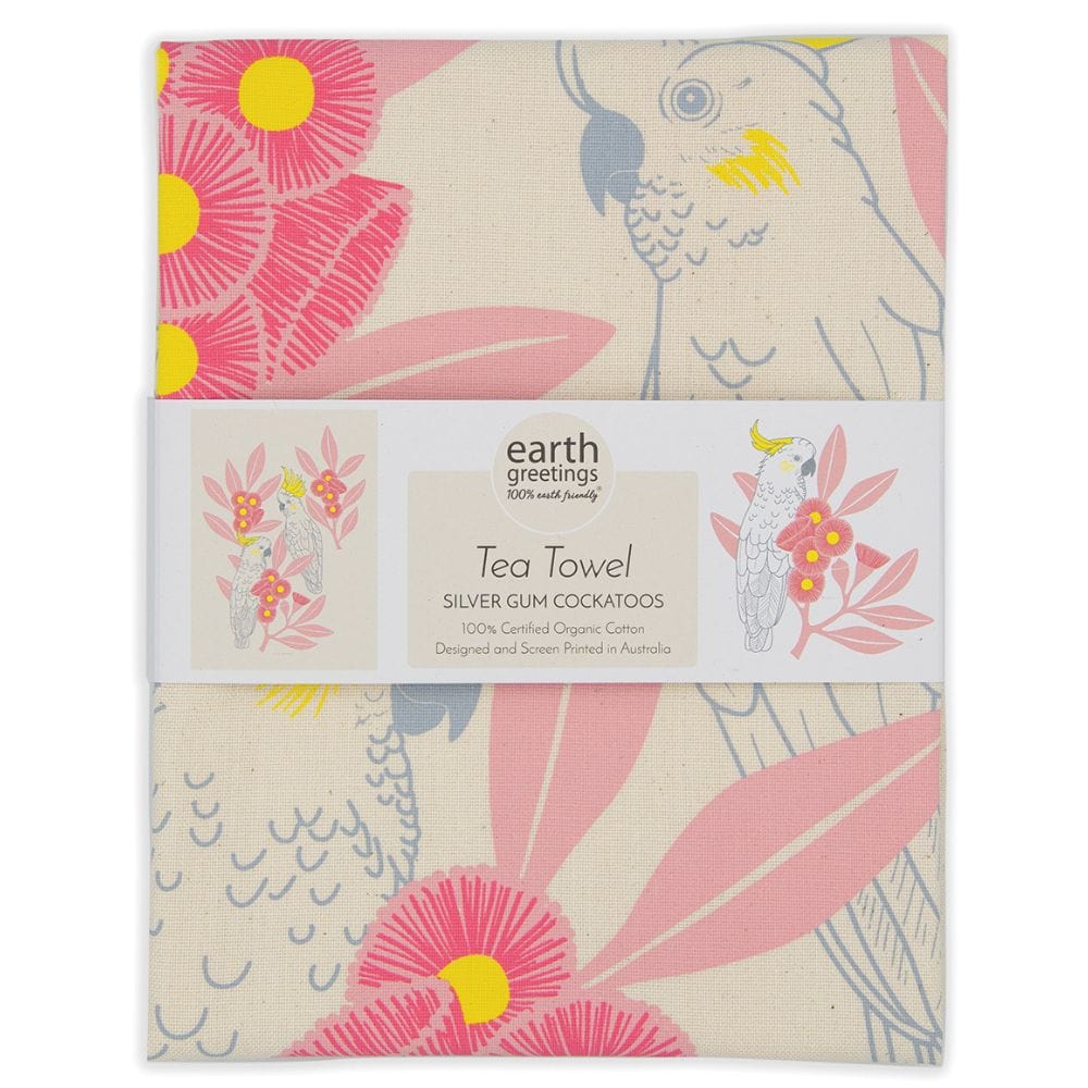 Earth Greetings Organic Cotton Tea Towel - Silver Gum Cockatoos - Image 2