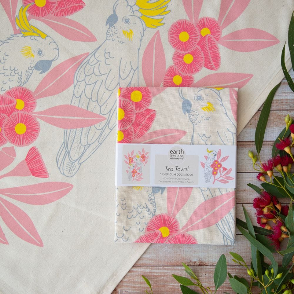Earth Greetings Organic Cotton Tea Towel - Silver Gum Cockatoos - Image 3