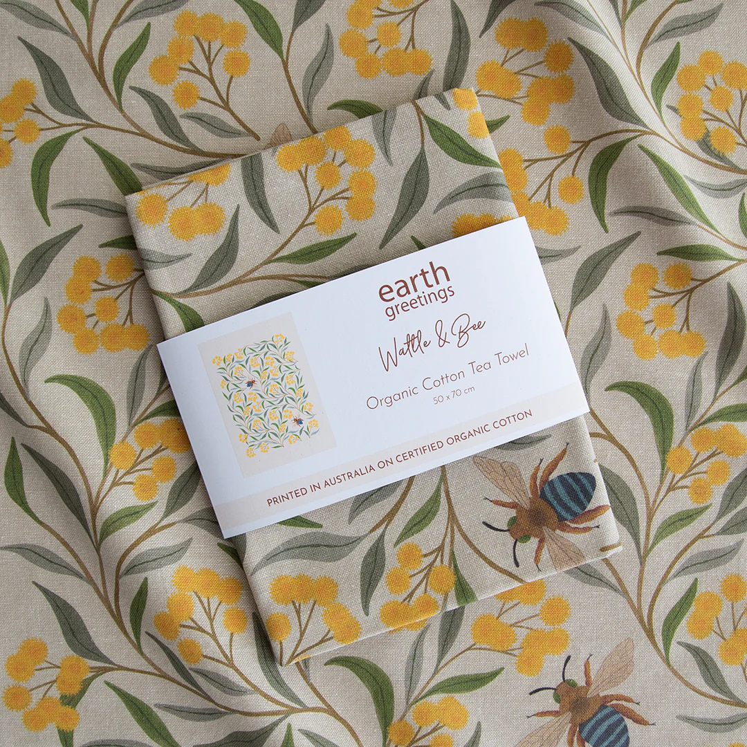 Earth Greetings Organic Cotton Tea Towel - Wattle & Blue Banded Bee - Image 2