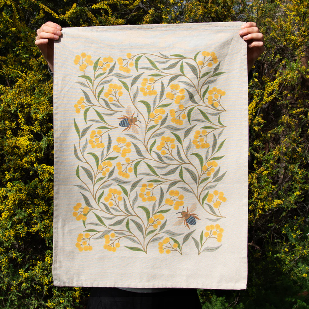 Earth Greetings Organic Cotton Tea Towel - Wattle & Blue Banded Bee - Image 3