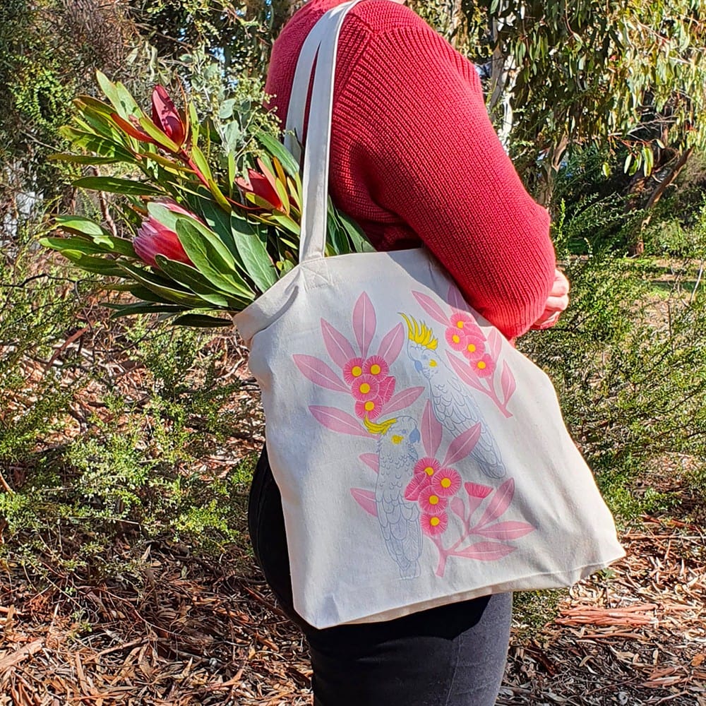 Earth Greetings Organic Cotton Tote Bag - Silver Gum Cockatoos - Image 3