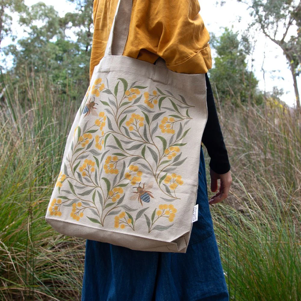 Earth Greetings Organic Cotton Tote Bag with Inner Pocket - Wattle & Blue Banded Bee - Image 2