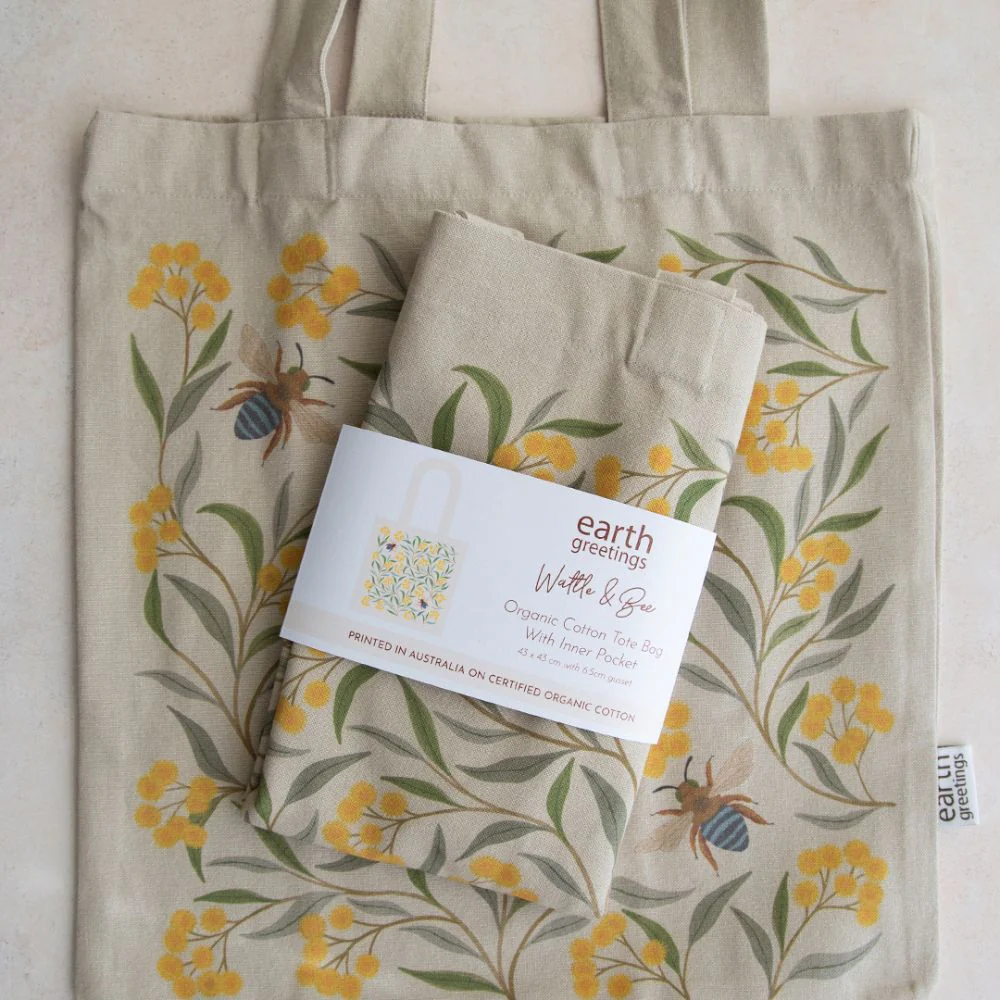 Earth Greetings Organic Cotton Tote Bag with Inner Pocket - Wattle & Blue Banded Bee - Image 4