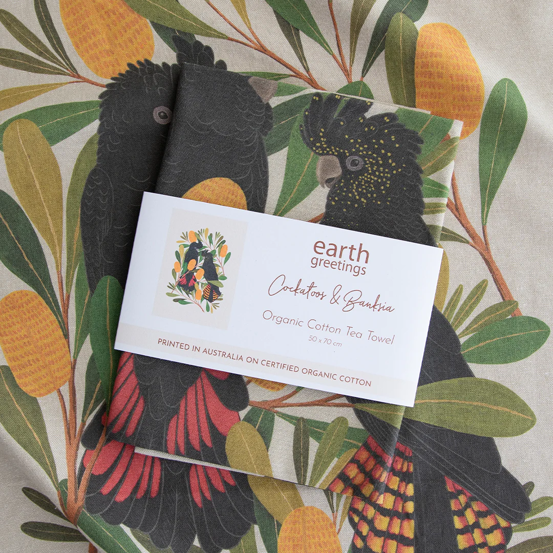 Earth Greetings Organic Cotton Tea Towel - Cockatoos & Banksia - Image 2