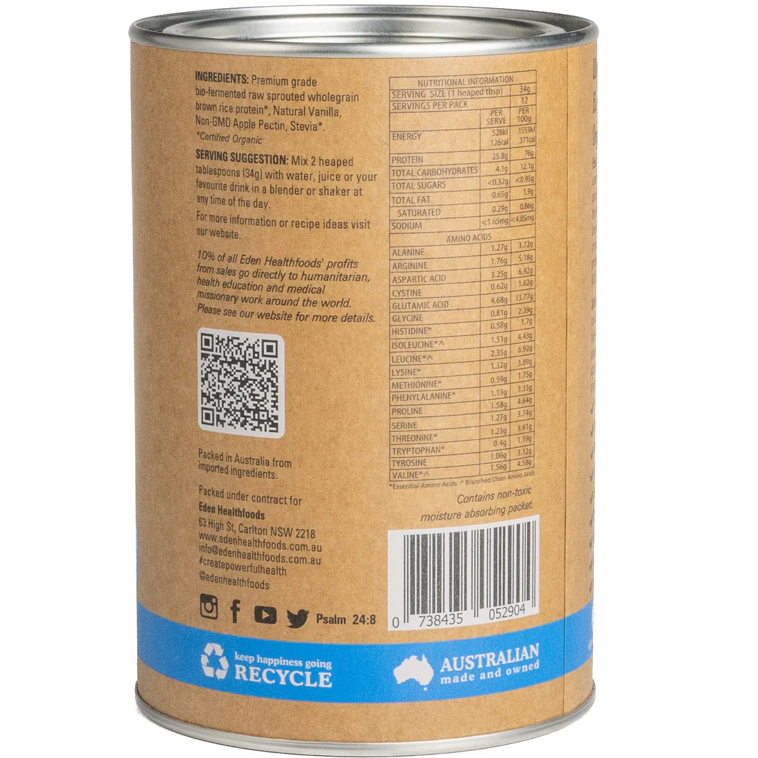Eden Healthfoods Ultimate Protein Sprouted Brown Rice Vanilla 1kg - Image 2