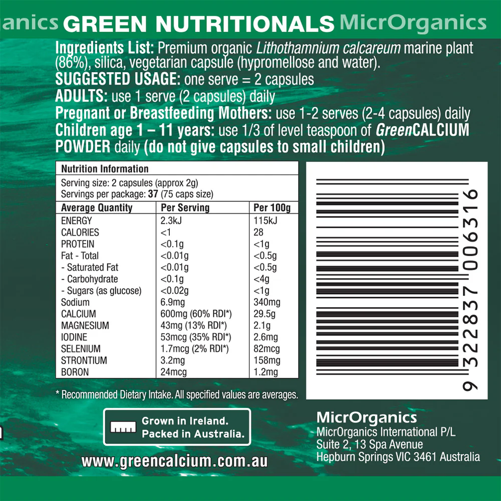 Green Nutritionals Green Calcium Vegan Capsules (60) - Image 4