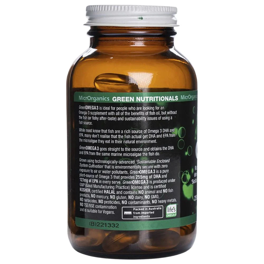 Green Nutritionals Green Omega3 255mg DHA + 127mgEPA Vegan Capsules - Image 3