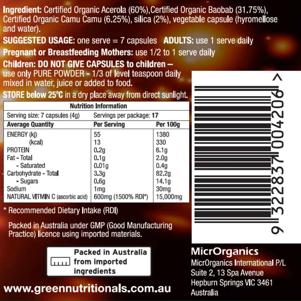 Green Nutritionals Organic Green Vitamin C Vegan Capsules (60) - Image 3