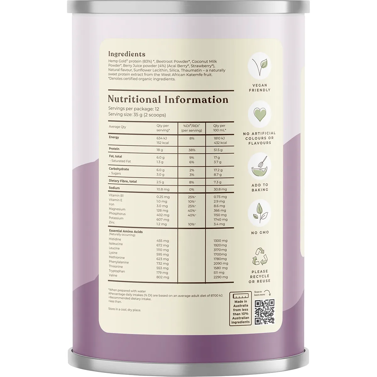 Hemp Foods Australia Organic Hemp Protein Shake - Mixed Berry 420g - Image 3