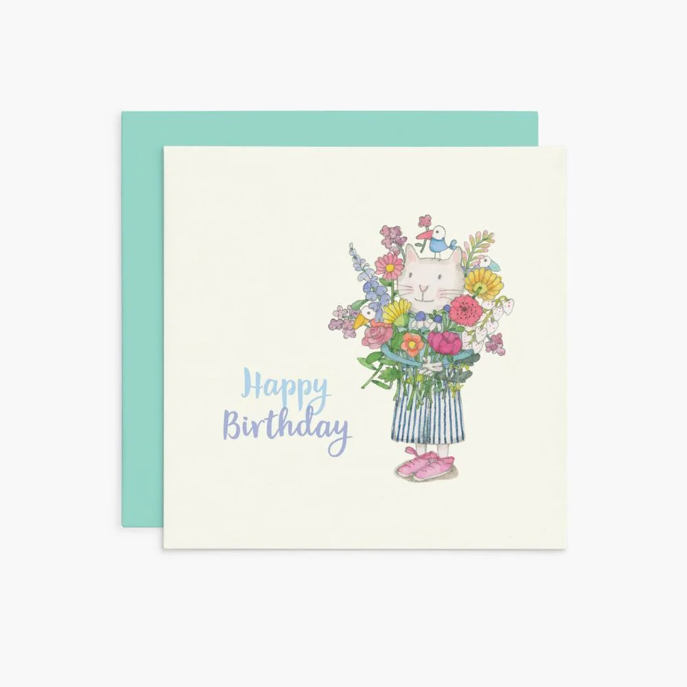Twigseeds Birthday Card - Cat With Flowers