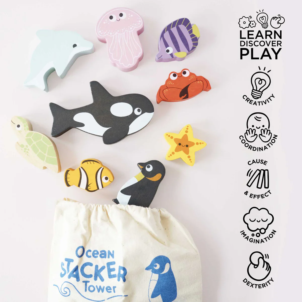 Le Toy Van Petilou Ocean Stacking Animals & Bag - Image 8