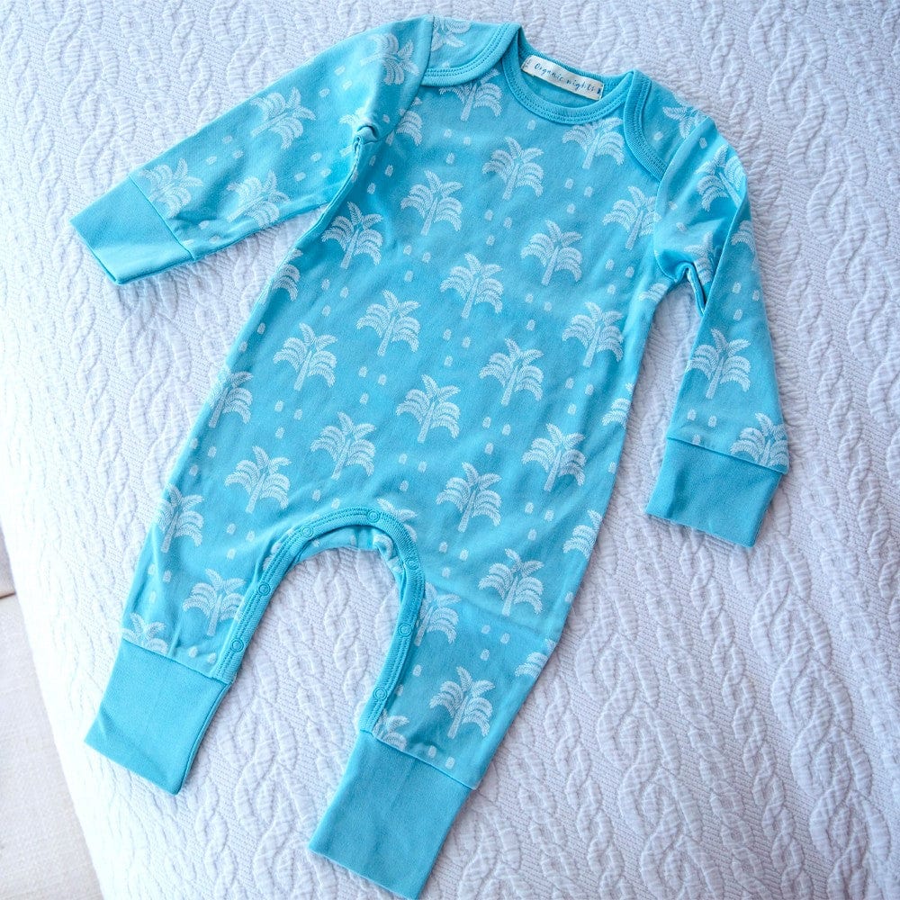 Organic Cotton Baby Sleepsuit - Aquatic Blue Palms and Pineapples