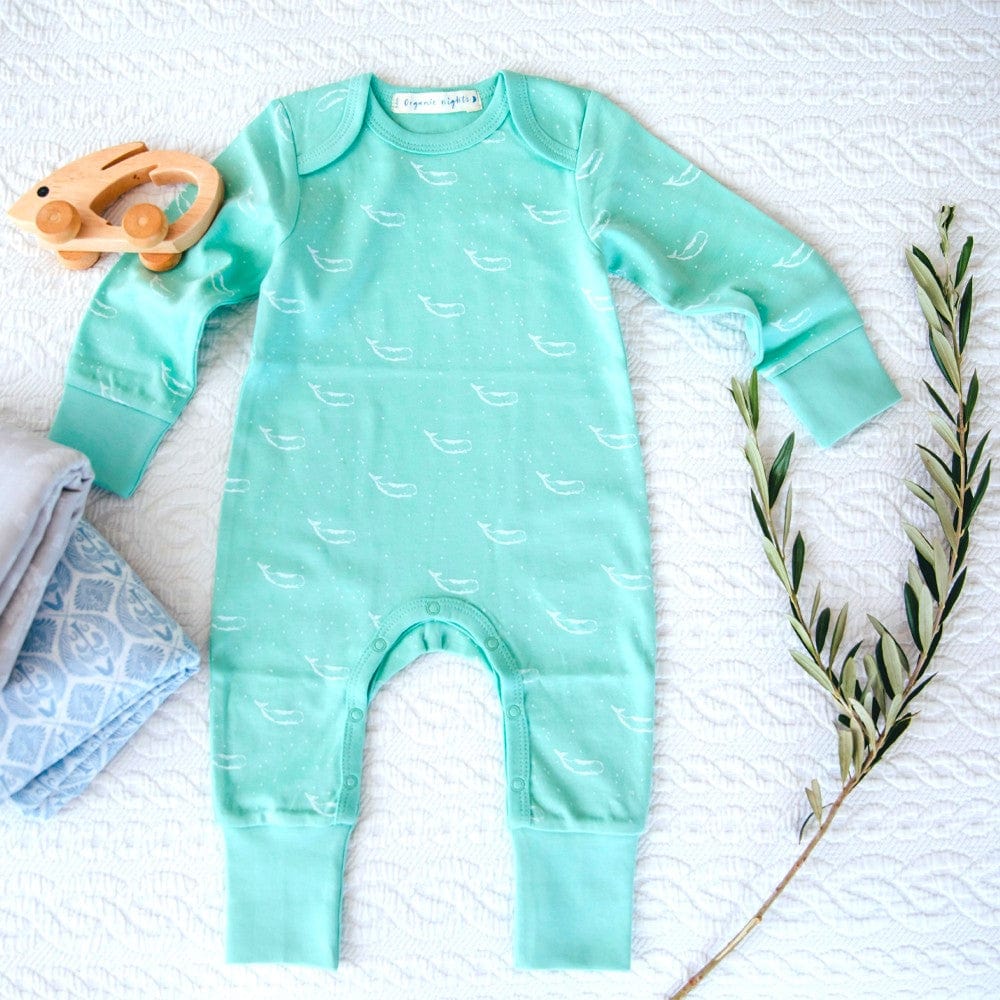 Organic Cotton Baby Sleepsuit - Sage Green Tiny Whales