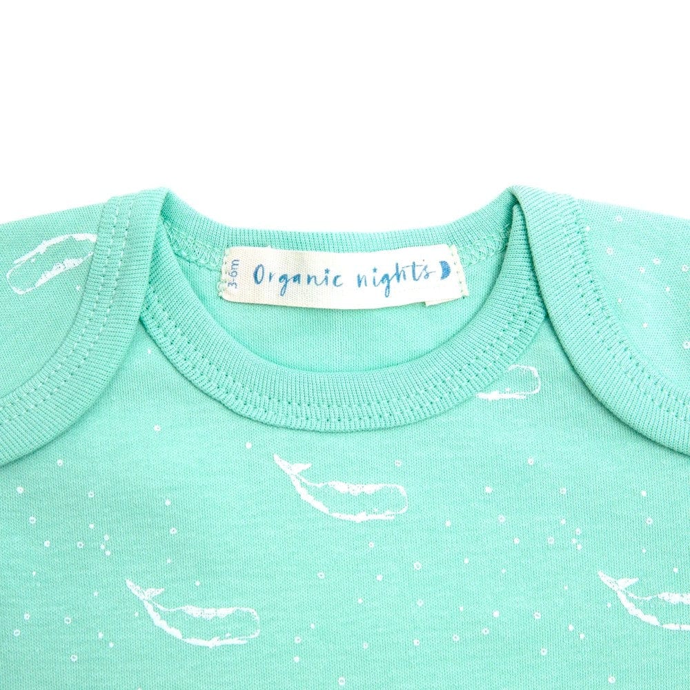 Organic Cotton Baby Sleepsuit - Sage Green Tiny Whales - Image 2