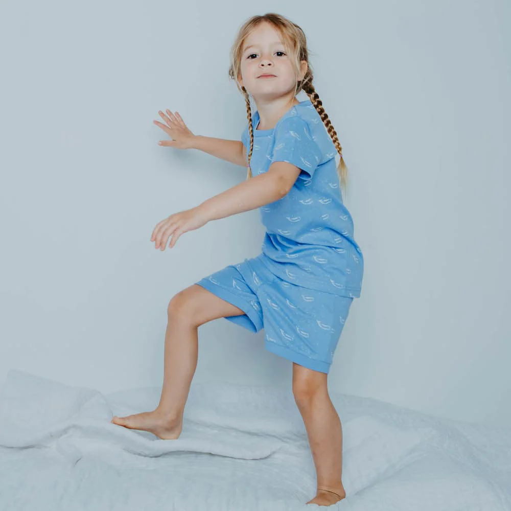 Organic Cotton Summer Short Pyjama Set - Tiny Whales Hydrangea Blue