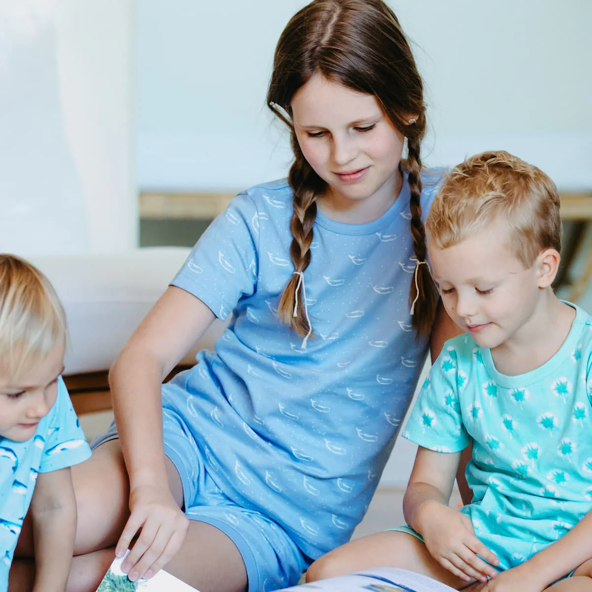 Organic Cotton Summer Short Pyjama Set - Tiny Whales Hydrangea Blue - Image 3