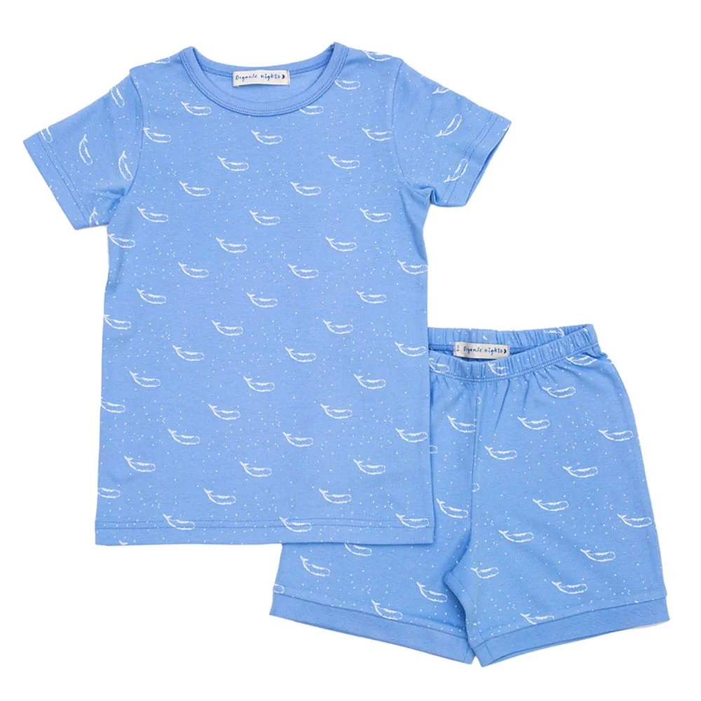 Organic Cotton Summer Short Pyjama Set - Tiny Whales Hydrangea Blue - Image 5