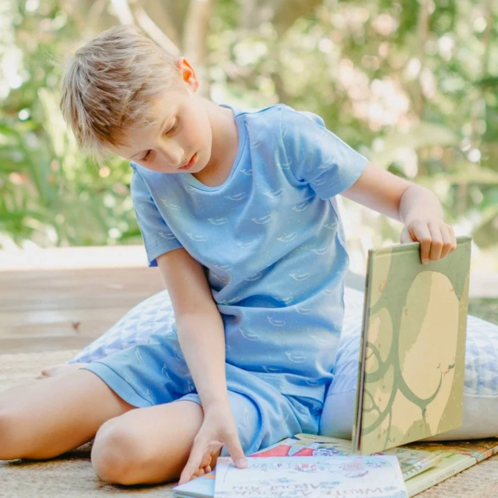 Organic Cotton Summer Short Pyjama Set - Tiny Whales Hydrangea Blue - Image 6