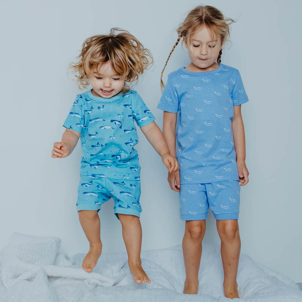 Organic Cotton Summer Short Pyjama Set - Tiny Whales Hydrangea Blue - Image 7