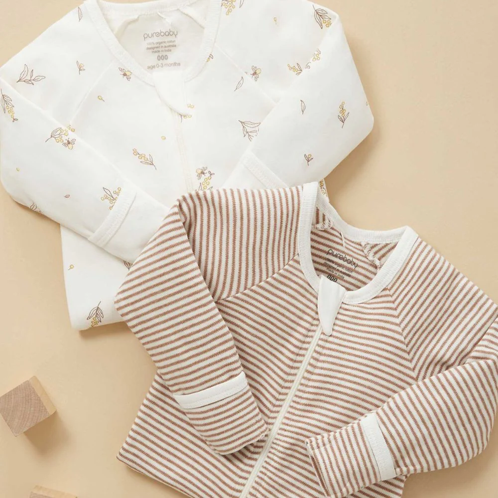 Purebaby 2 Pack Zip Growsuit - Vanilla Wattle Bee - Image 3
