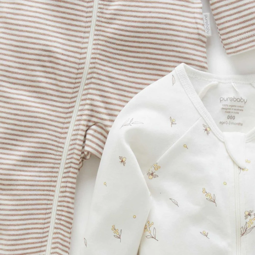 Purebaby 2 Pack Zip Growsuit - Vanilla Wattle Bee - Image 4